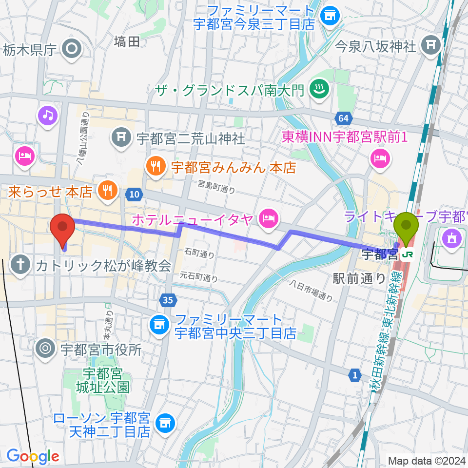 宇都宮駅からレディオベリーへのルートマップ地図