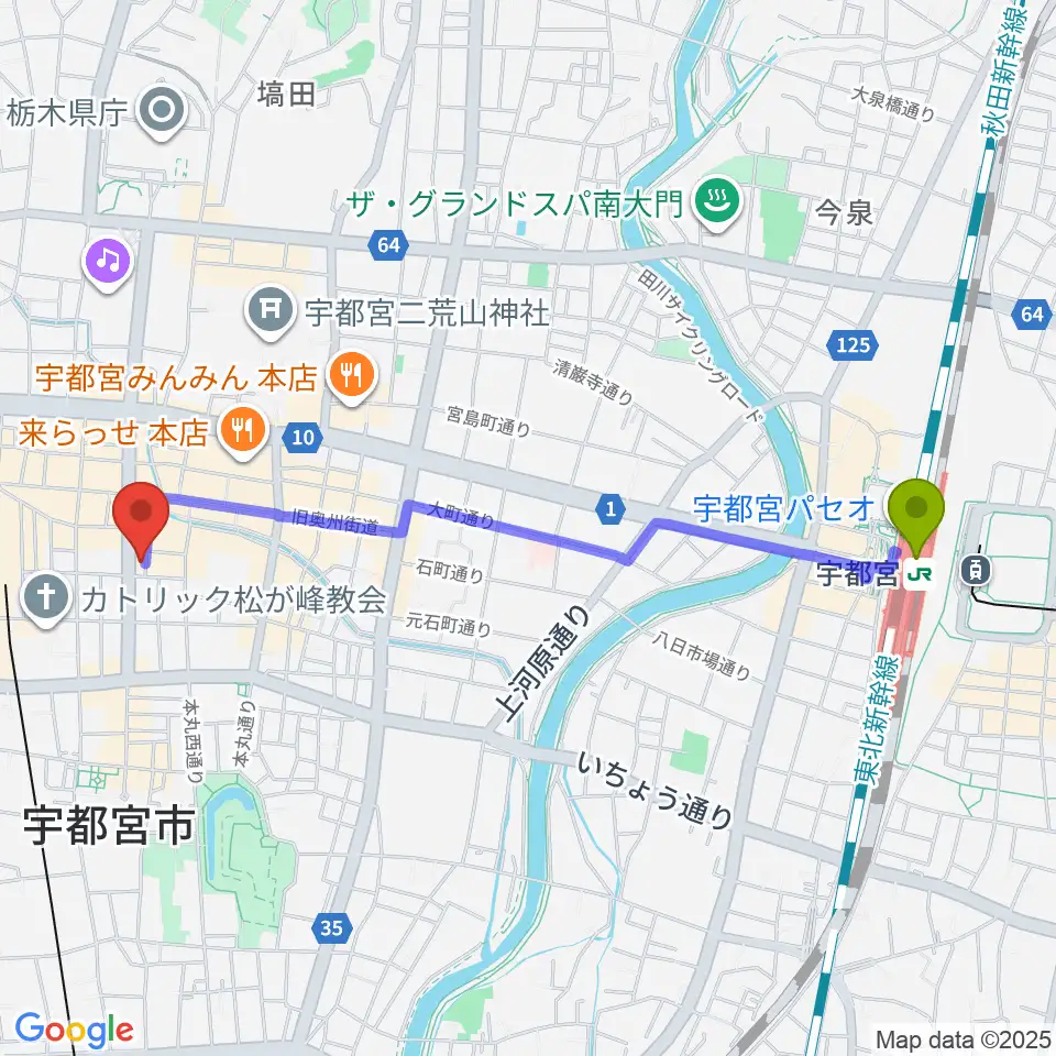 宇都宮駅からレディオベリーへのルートマップ地図