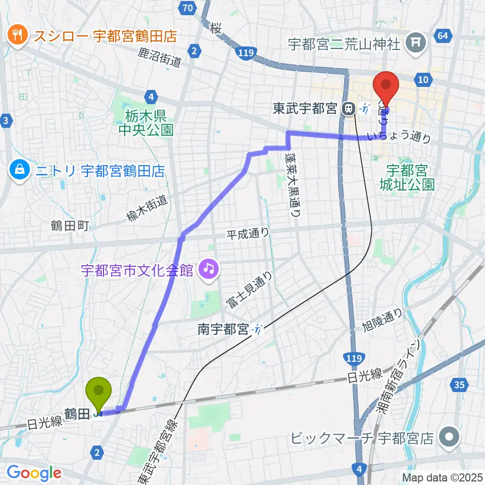 鶴田駅からレディオベリーへのルートマップ地図