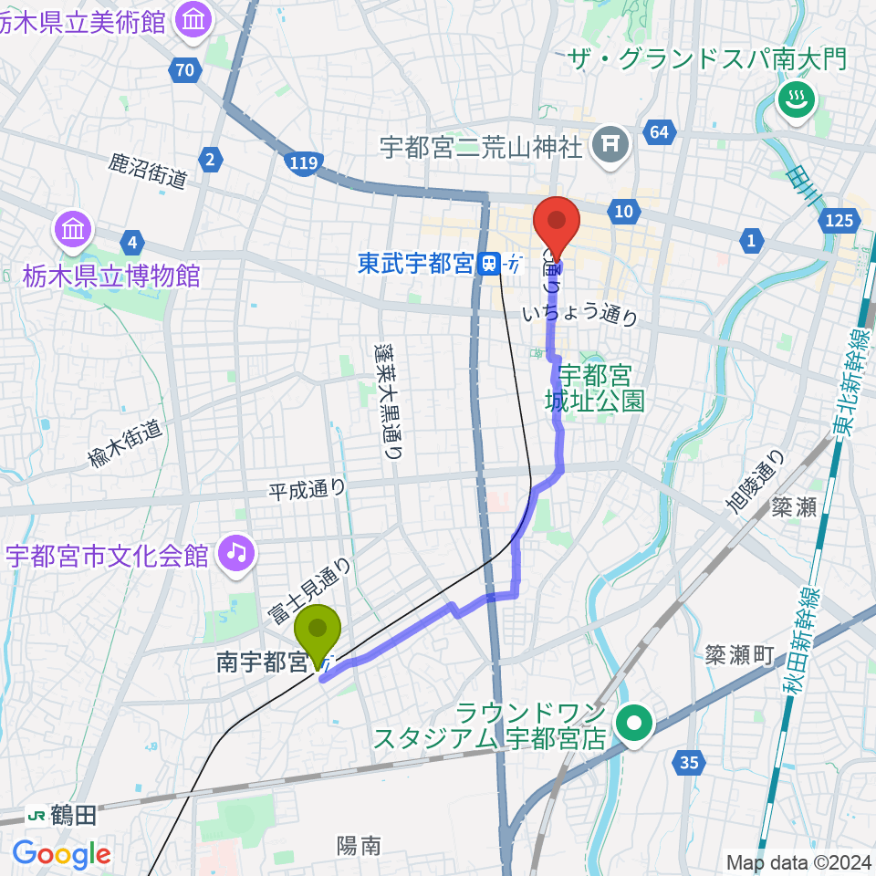 南宇都宮駅からレディオベリーへのルートマップ地図