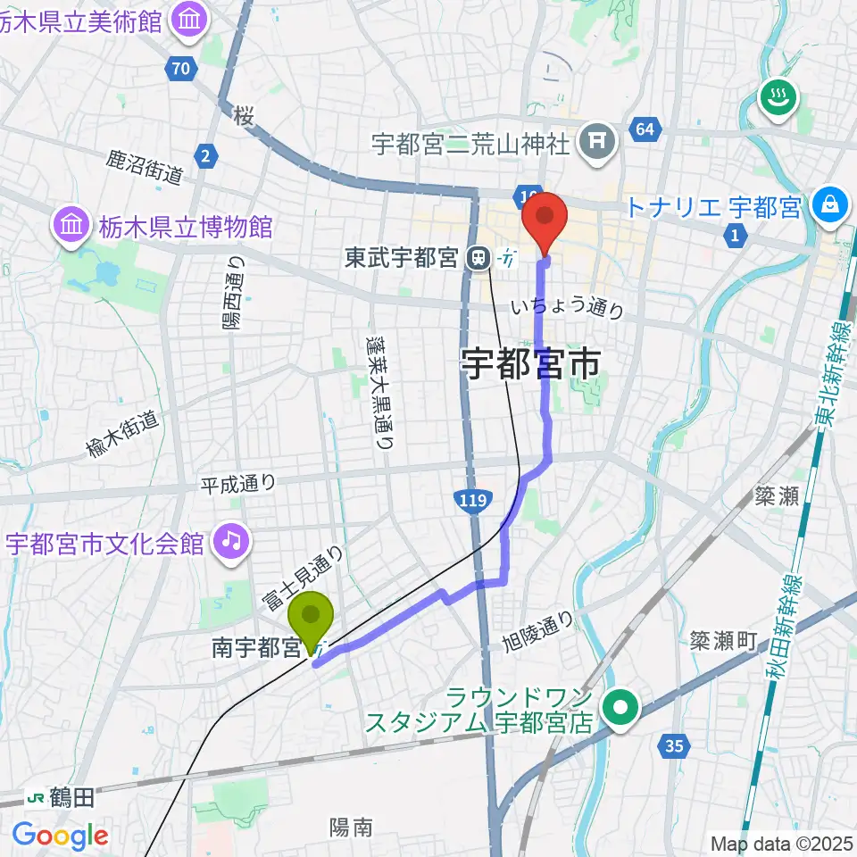 南宇都宮駅からレディオベリーへのルートマップ地図