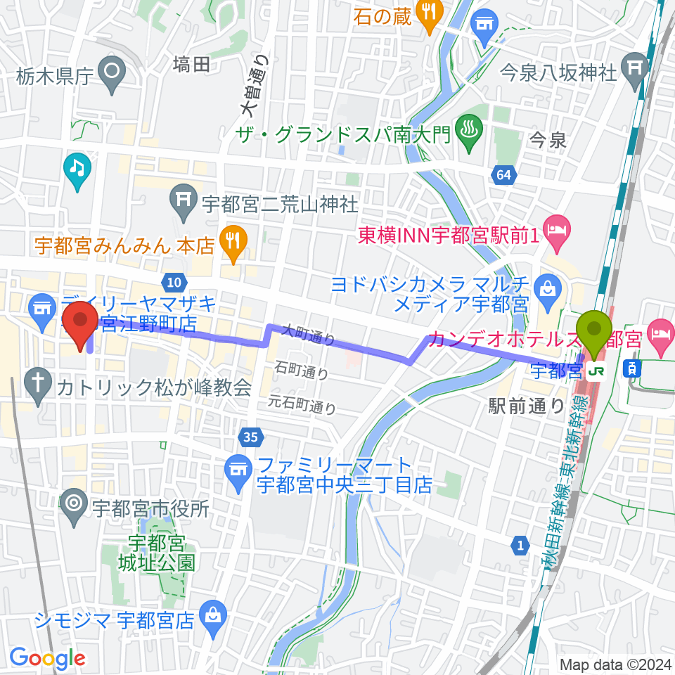 宇都宮駅から宇都宮市中央生涯学習センターへのルートマップ地図