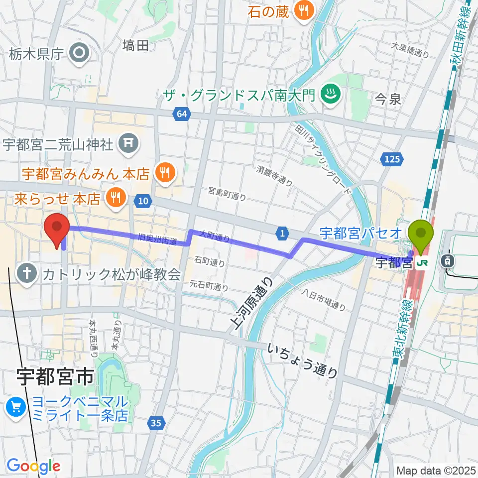 宇都宮駅から宇都宮市中央生涯学習センターへのルートマップ地図