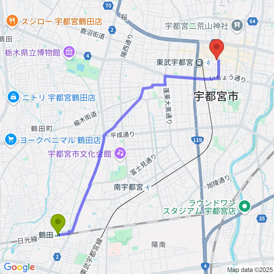 鶴田駅から宇都宮市中央生涯学習センターへのルートマップ地図