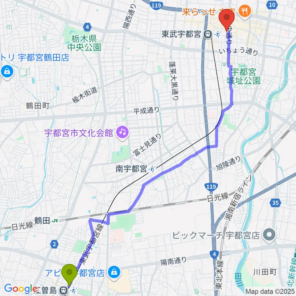 江曽島駅から宇都宮市中央生涯学習センターへのルートマップ地図