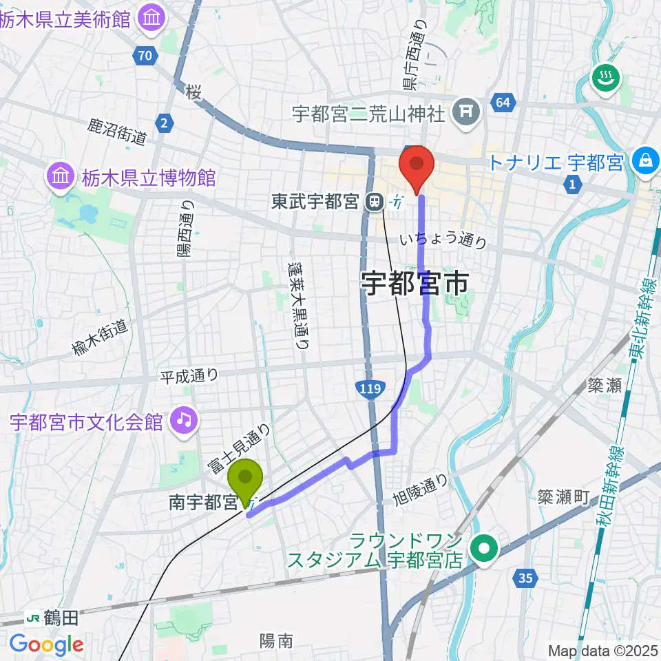 南宇都宮駅から宇都宮市中央生涯学習センターへのルートマップ地図