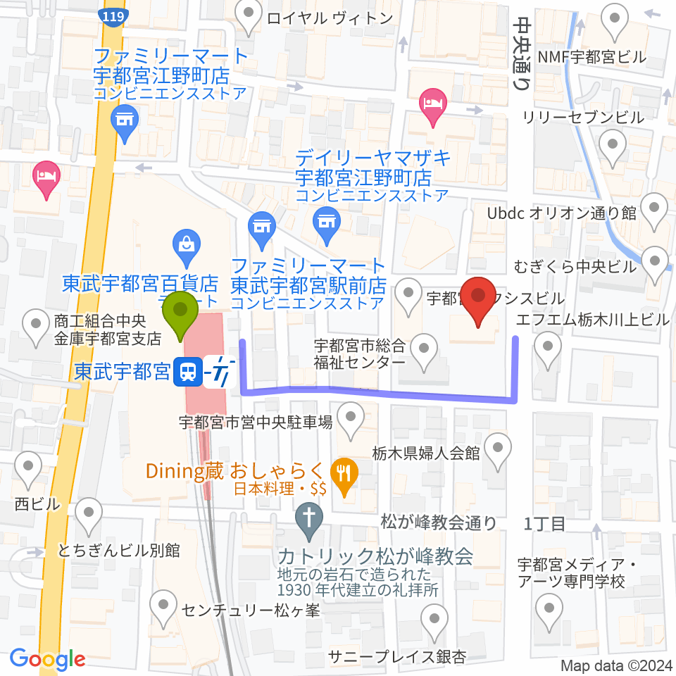 宇都宮市中央生涯学習センターの最寄駅東武宇都宮駅からの徒歩ルート（約3分）地図