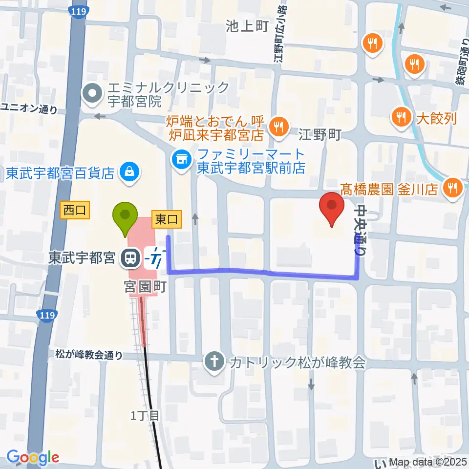 宇都宮市中央生涯学習センターの最寄駅東武宇都宮駅からの徒歩ルート（約3分）地図