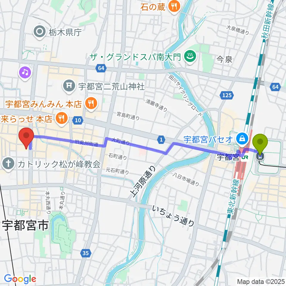宇都宮駅東口駅から宇都宮市中央生涯学習センターへのルートマップ地図