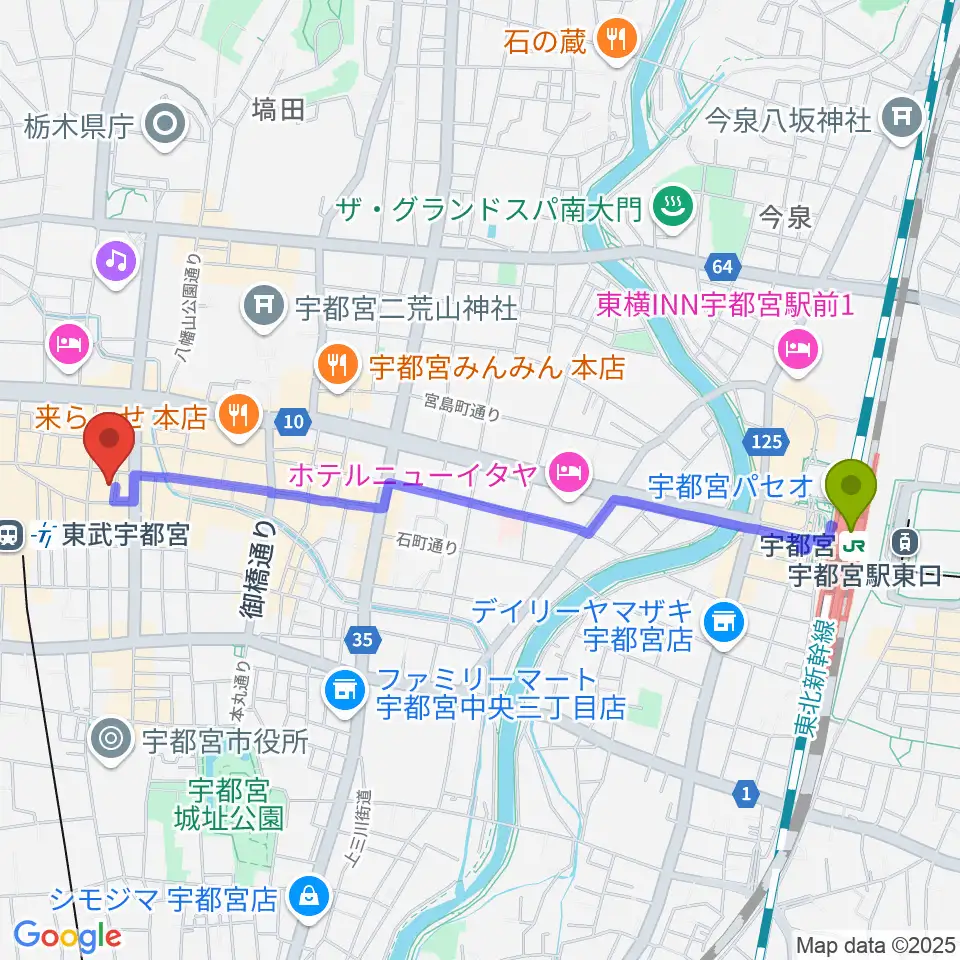 宇都宮駅からオリオンスクエアへのルートマップ地図