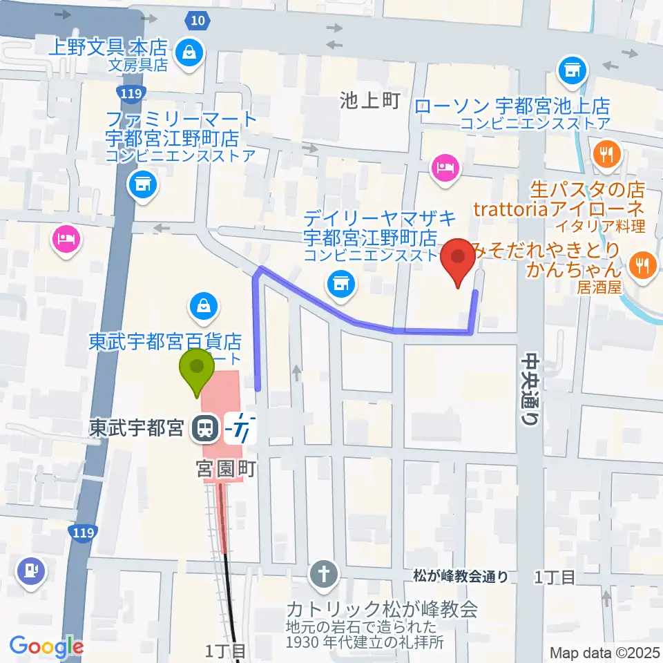 オリオンスクエアの最寄駅東武宇都宮駅からの徒歩ルート（約3分）地図