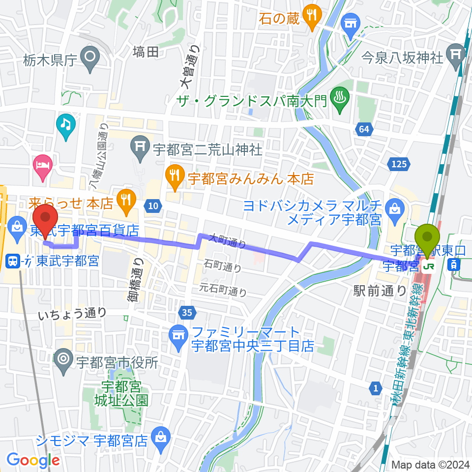 宇都宮駅から宇都宮ヒカリ座へのルートマップ地図