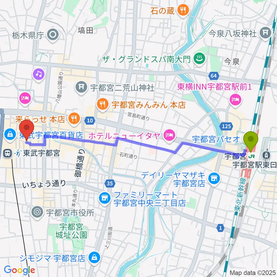 宇都宮駅から宇都宮ヒカリ座へのルートマップ地図