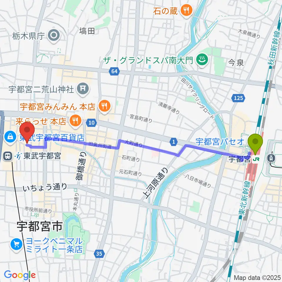 宇都宮駅から宇都宮ヒカリ座へのルートマップ地図