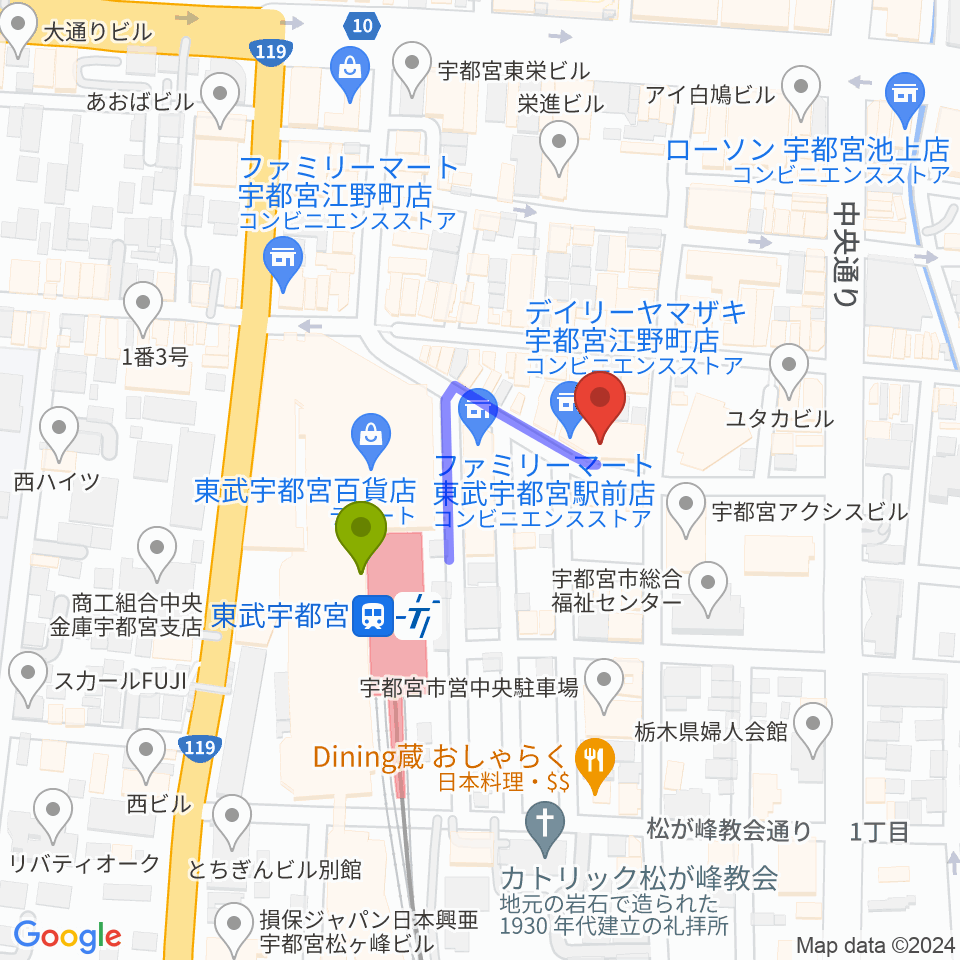 宇都宮ヒカリ座の最寄駅東武宇都宮駅からの徒歩ルート（約2分）地図