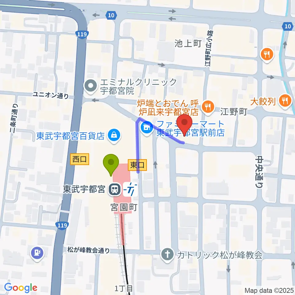 宇都宮ヒカリ座の最寄駅東武宇都宮駅からの徒歩ルート（約2分）地図