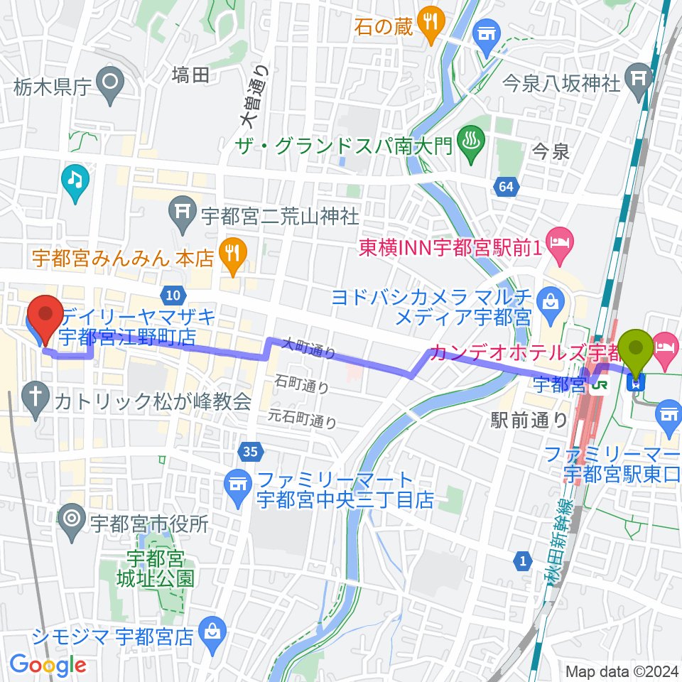宇都宮駅東口駅から宇都宮ヒカリ座へのルートマップ地図