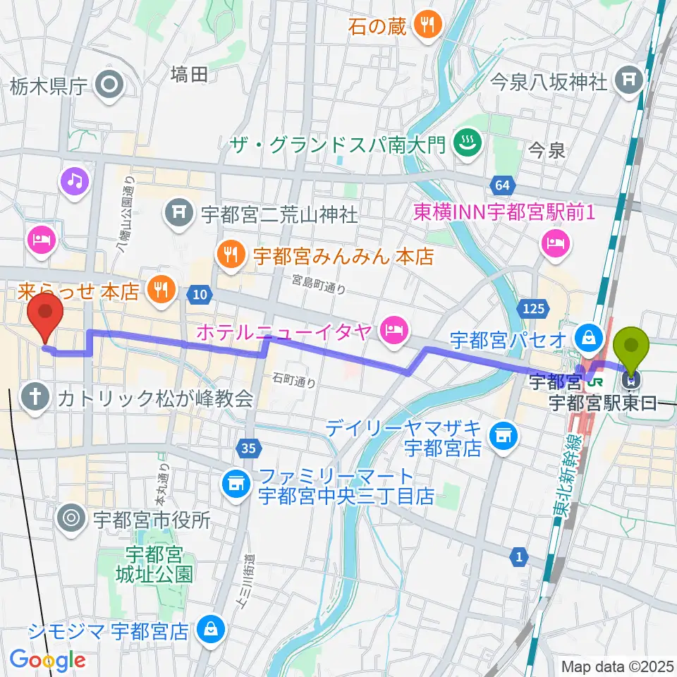 宇都宮駅東口駅から宇都宮ヒカリ座へのルートマップ地図