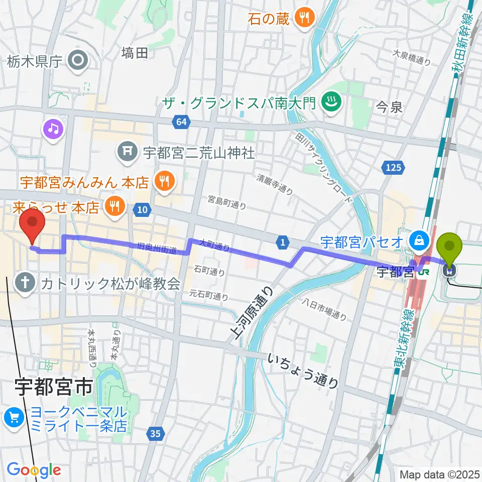 宇都宮駅東口駅から宇都宮ヒカリ座へのルートマップ地図