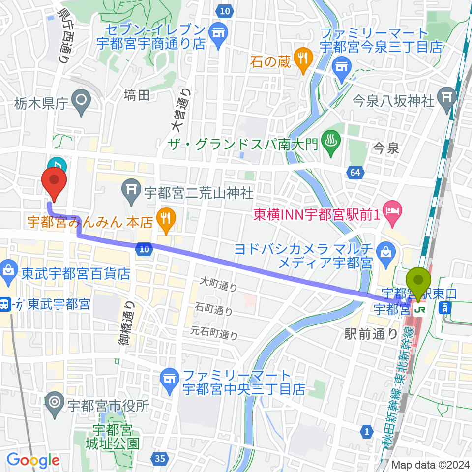 宇都宮駅から宇都宮Blue・Jへのルートマップ地図