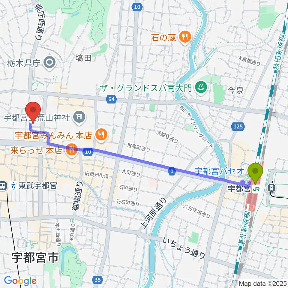 宇都宮駅から宇都宮Blue・Jへのルートマップ地図