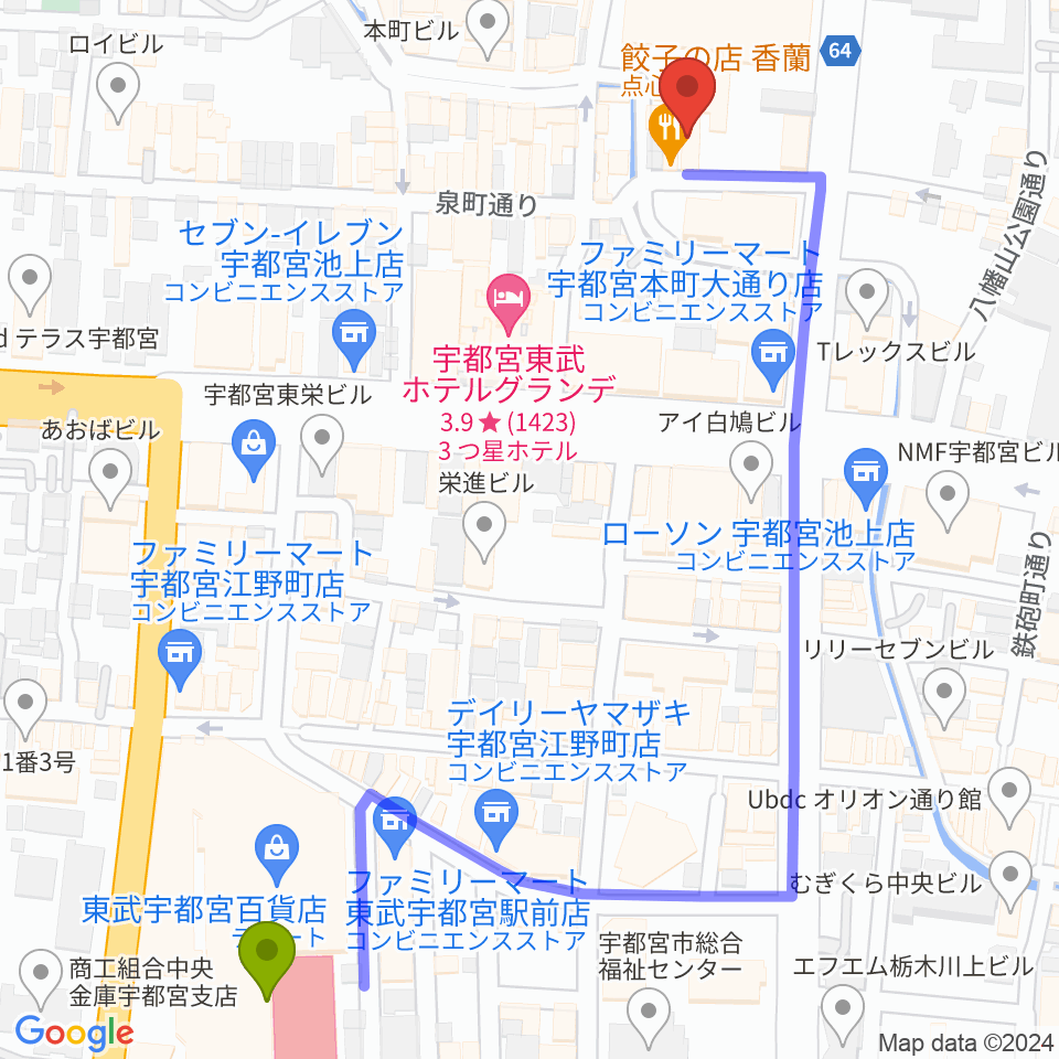 宇都宮Blue・Jの最寄駅東武宇都宮駅からの徒歩ルート（約7分）地図