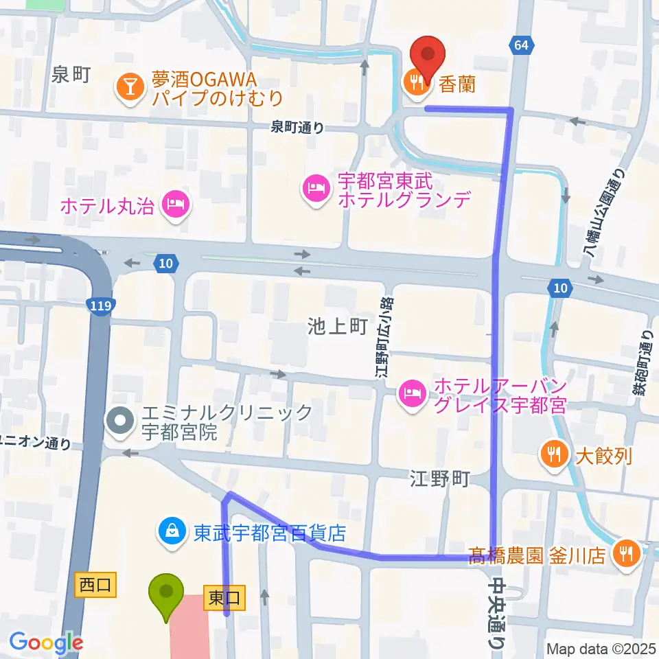宇都宮Blue・Jの最寄駅東武宇都宮駅からの徒歩ルート（約7分）地図