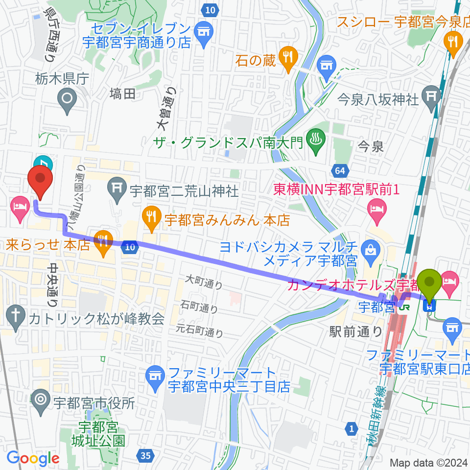 宇都宮駅東口駅から宇都宮Blue・Jへのルートマップ地図
