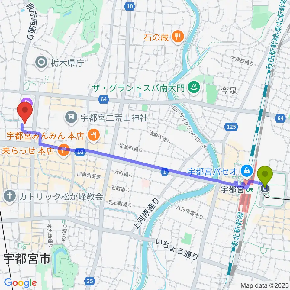 宇都宮駅東口駅から宇都宮Blue・Jへのルートマップ地図