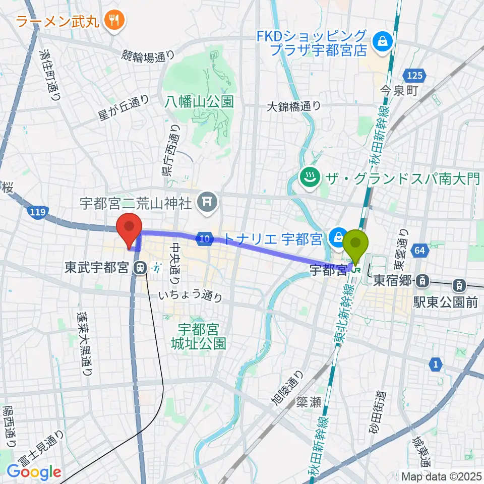 宇都宮駅からPupu's Studio(ププズスタジオ)へのルートマップ地図