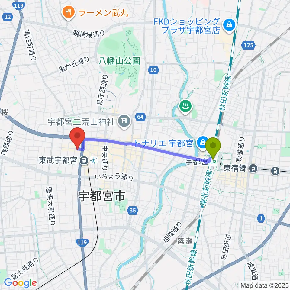 宇都宮駅からPupu's Studio(ププズスタジオ)へのルートマップ地図