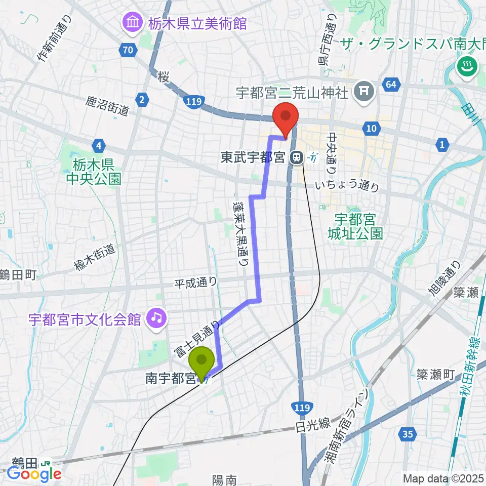 南宇都宮駅からPupu's Studio(ププズスタジオ)へのルートマップ地図