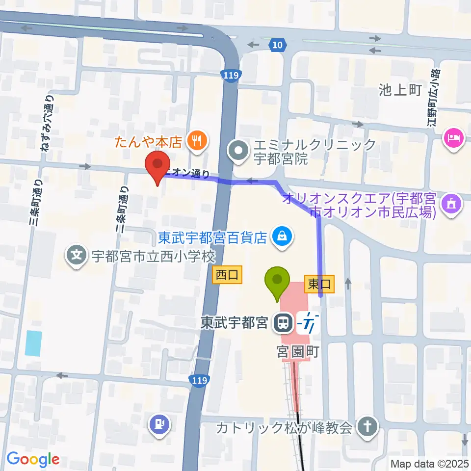 Pupu's Studio(ププズスタジオ)の最寄駅東武宇都宮駅からの徒歩ルート（約3分）地図