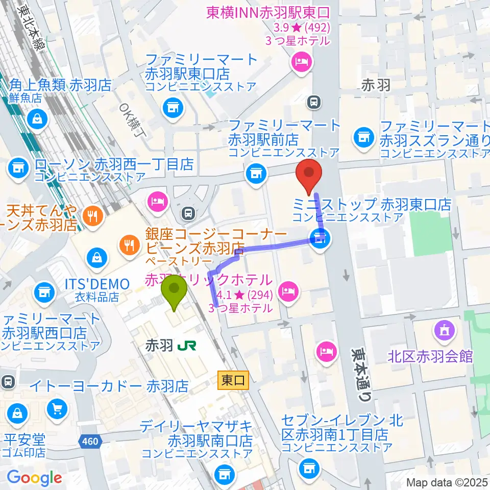 赤羽レニーアルファの最寄駅赤羽駅からの徒歩ルート（約3分）地図