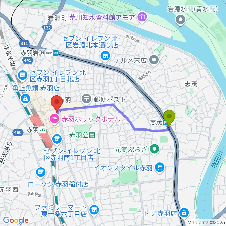 志茂駅から赤羽レニーアルファへのルートマップ地図