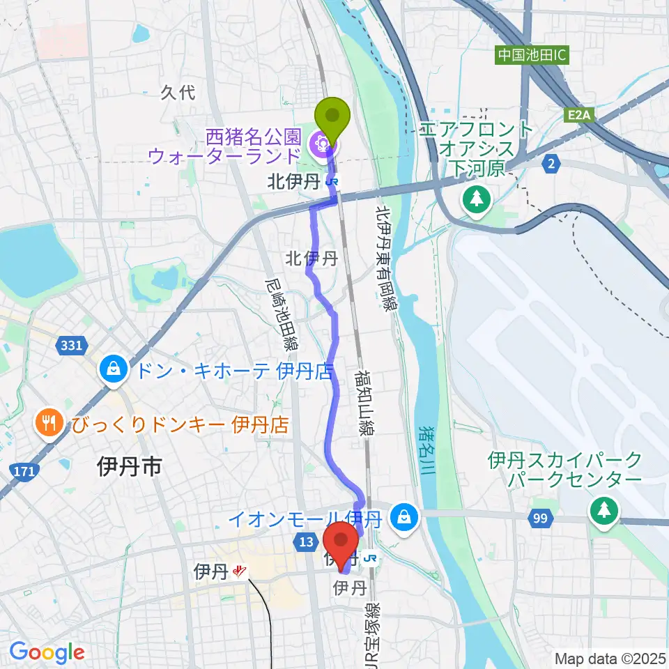 北伊丹駅からK's lore（ケーズロア）へのルートマップ地図