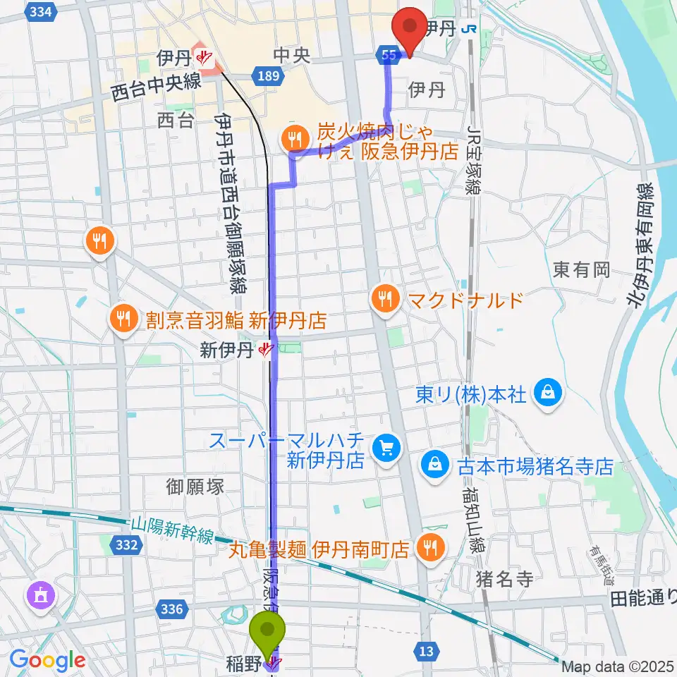 稲野駅からK's lore（ケーズロア）へのルートマップ地図