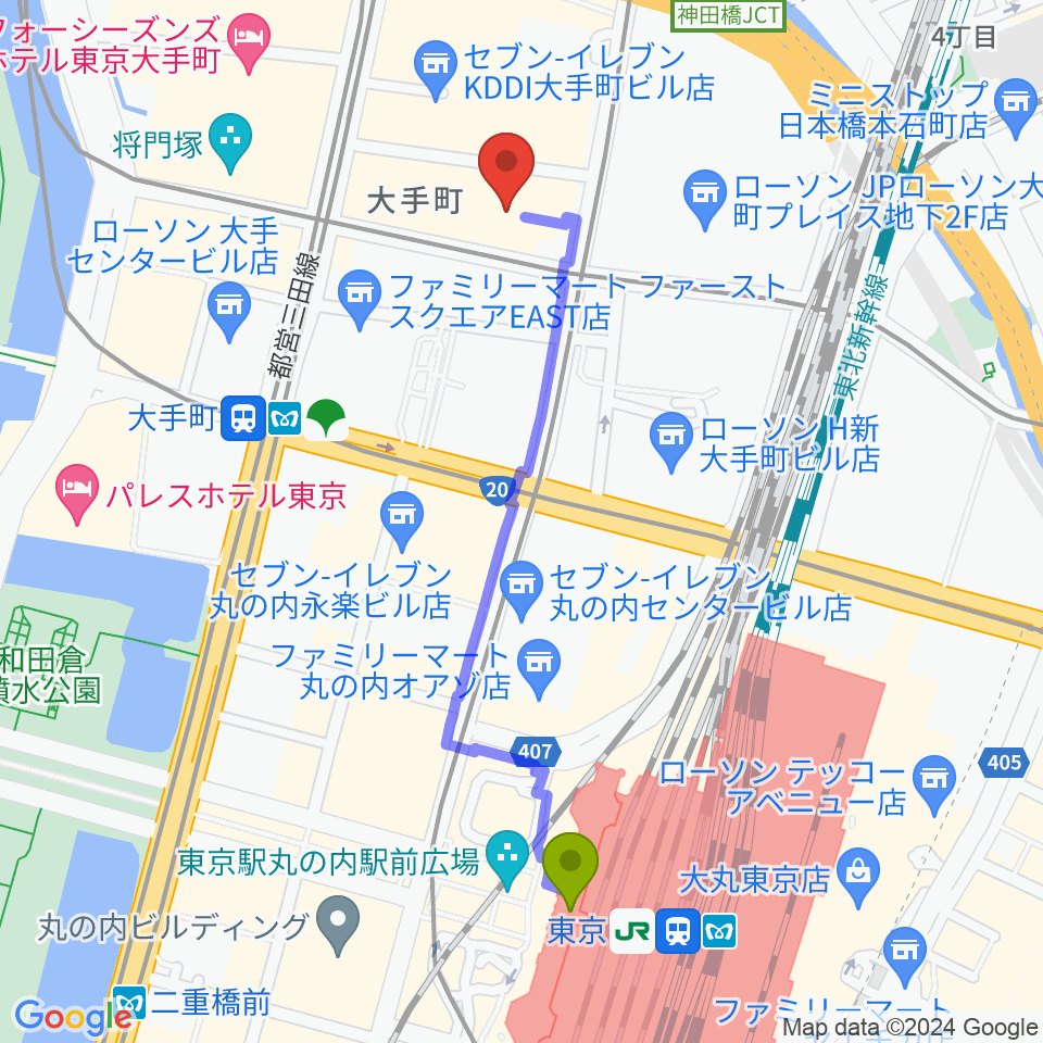 東京駅からヤマノミュージックサロン大手町へのルートマップ地図