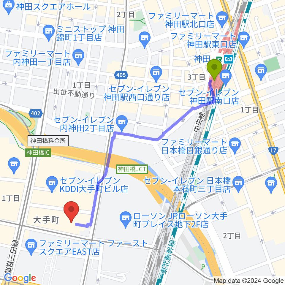 神田駅からヤマノミュージックサロン大手町へのルートマップ地図