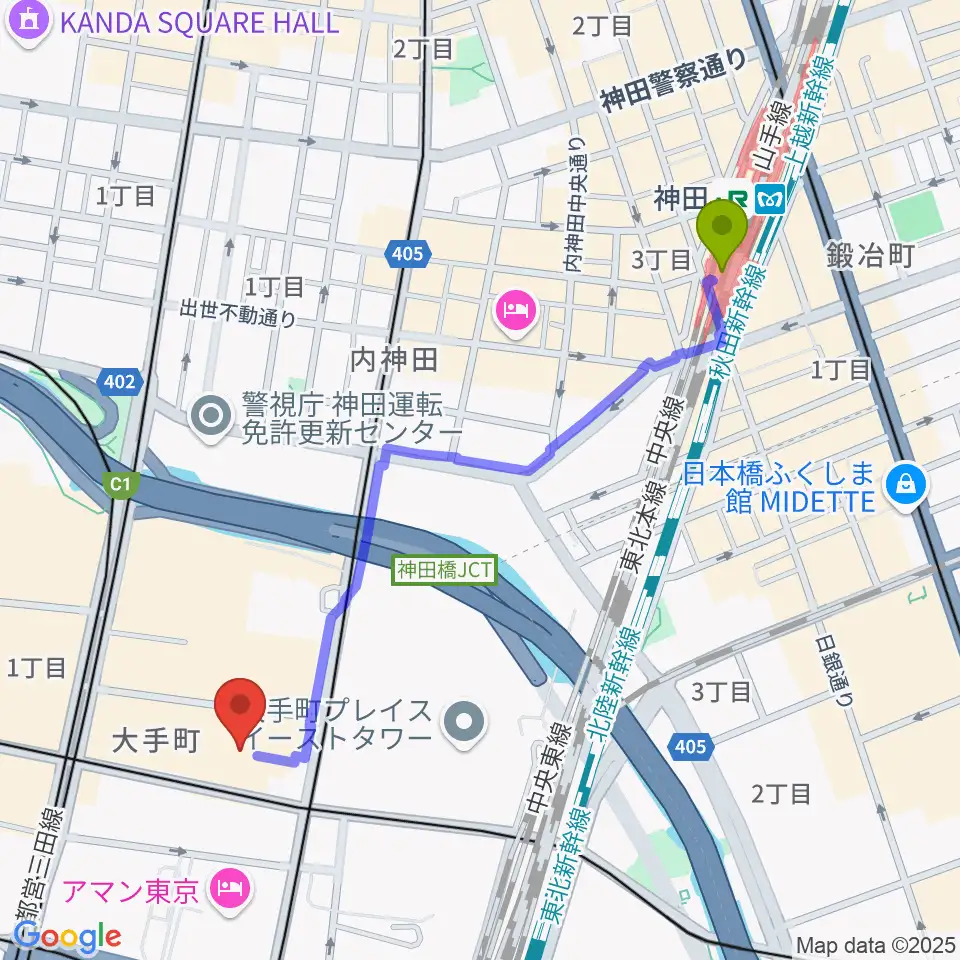 神田駅からヤマノミュージックサロン大手町へのルートマップ地図
