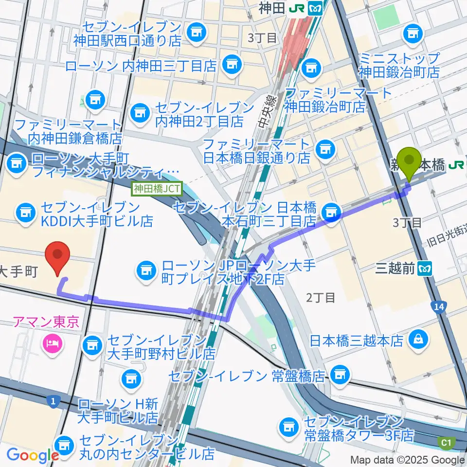 新日本橋駅からヤマノミュージックサロン大手町へのルートマップ地図