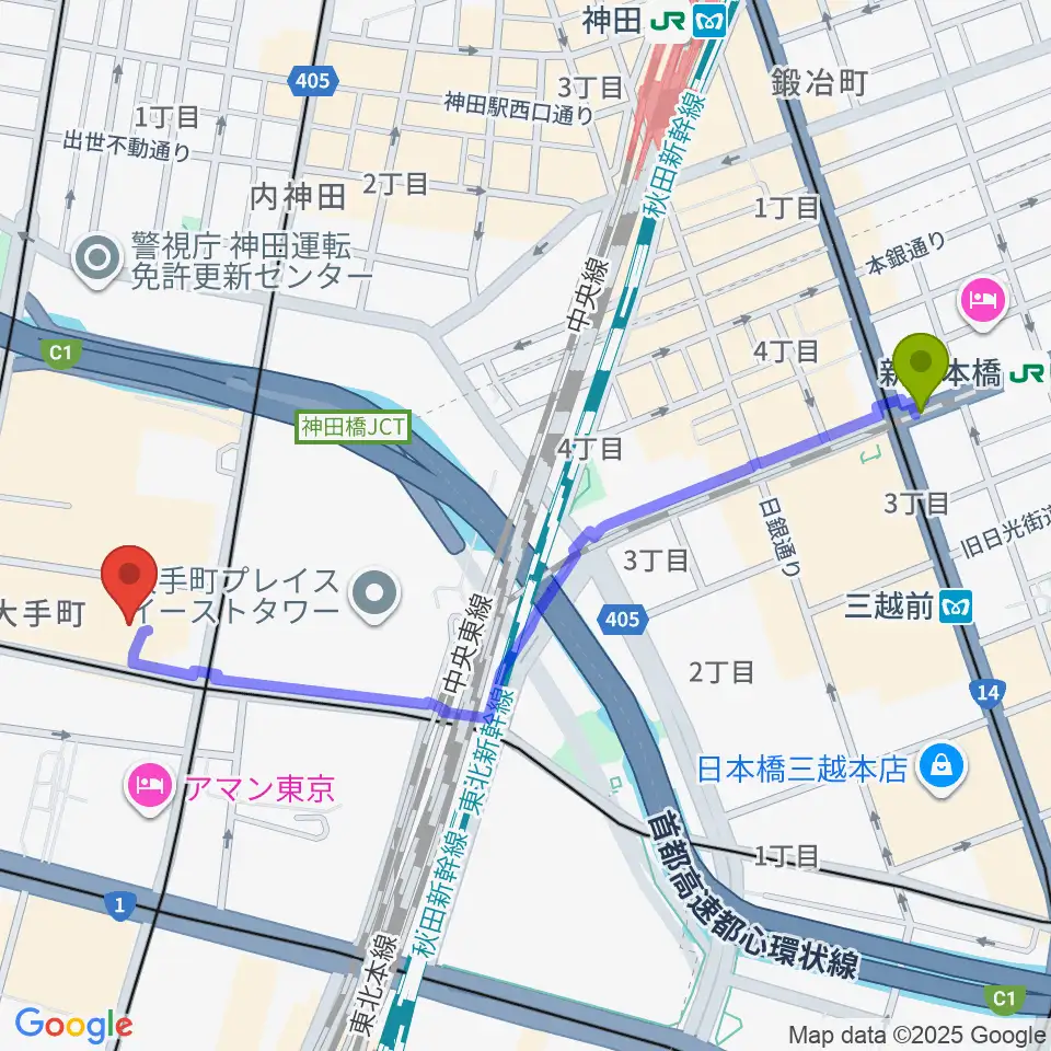 新日本橋駅からヤマノミュージックサロン大手町へのルートマップ地図