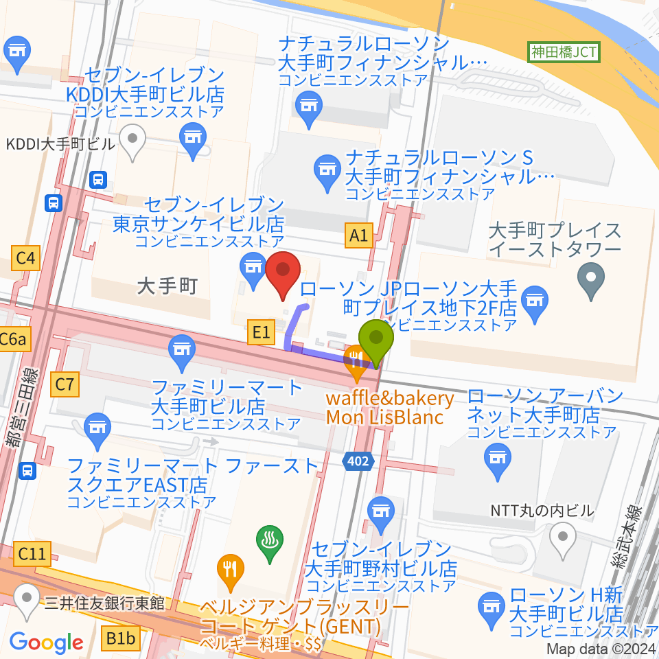 ヤマノミュージックサロン大手町の最寄駅大手町駅からの徒歩ルート（約1分）地図