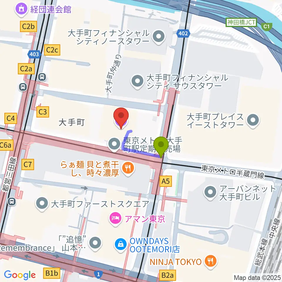 ヤマノミュージックサロン大手町の最寄駅大手町駅からの徒歩ルート（約1分）地図