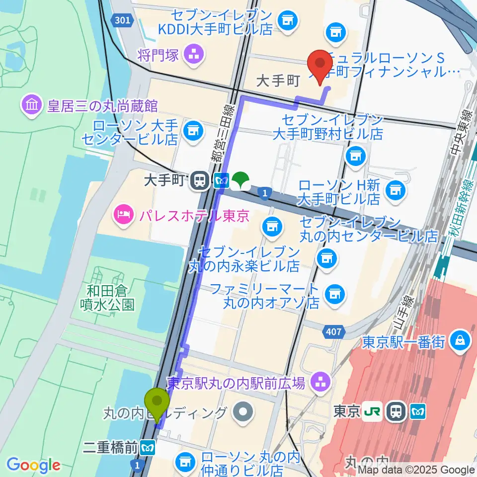 二重橋前駅からヤマノミュージックサロン大手町へのルートマップ地図