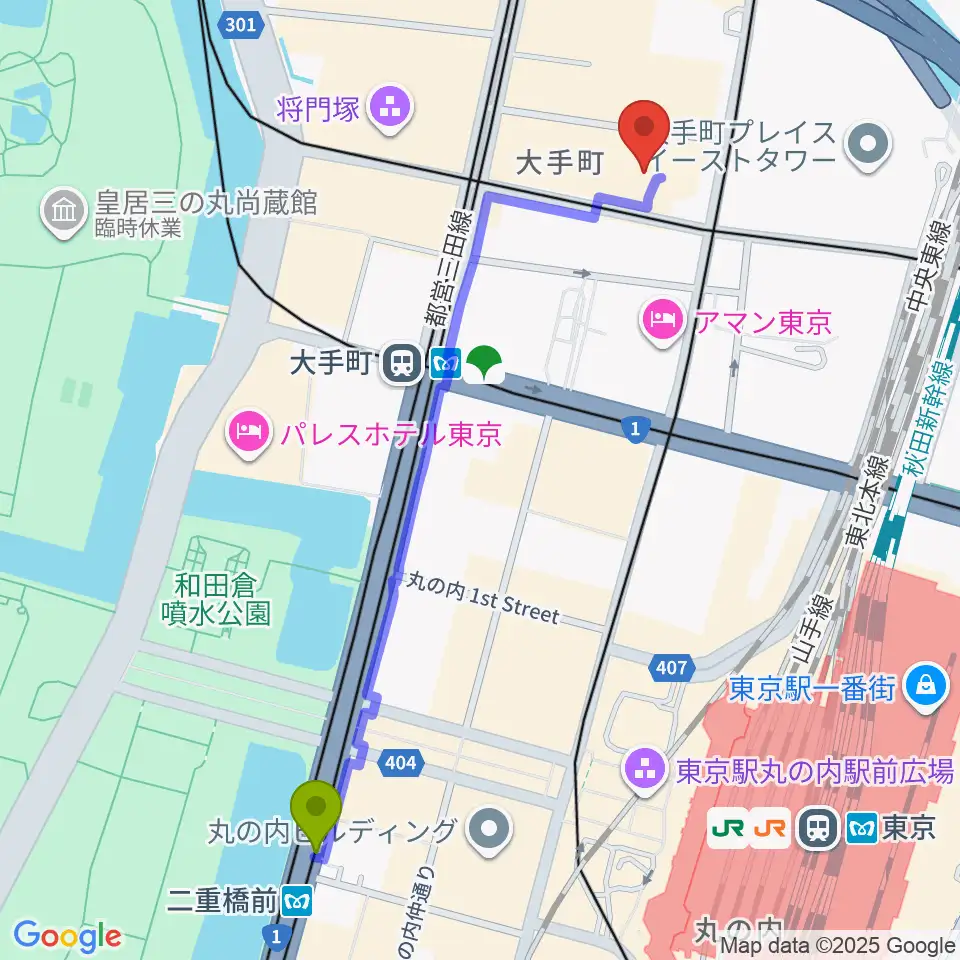 二重橋前駅からヤマノミュージックサロン大手町へのルートマップ地図