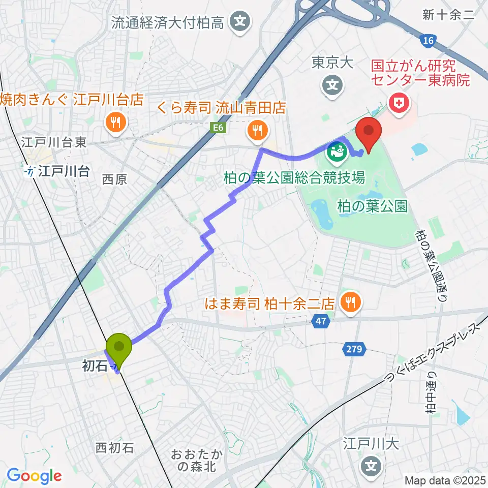 初石駅から県立柏の葉公園野球場へのルートマップ地図