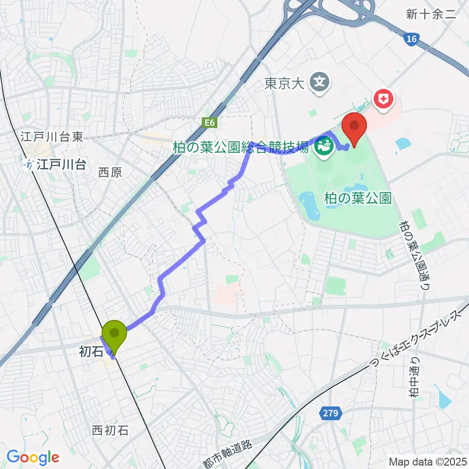 初石駅から県立柏の葉公園野球場へのルートマップ地図