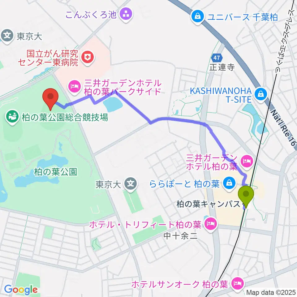 県立柏の葉公園野球場の最寄駅柏の葉キャンパス駅からの徒歩ルート（約23分）地図