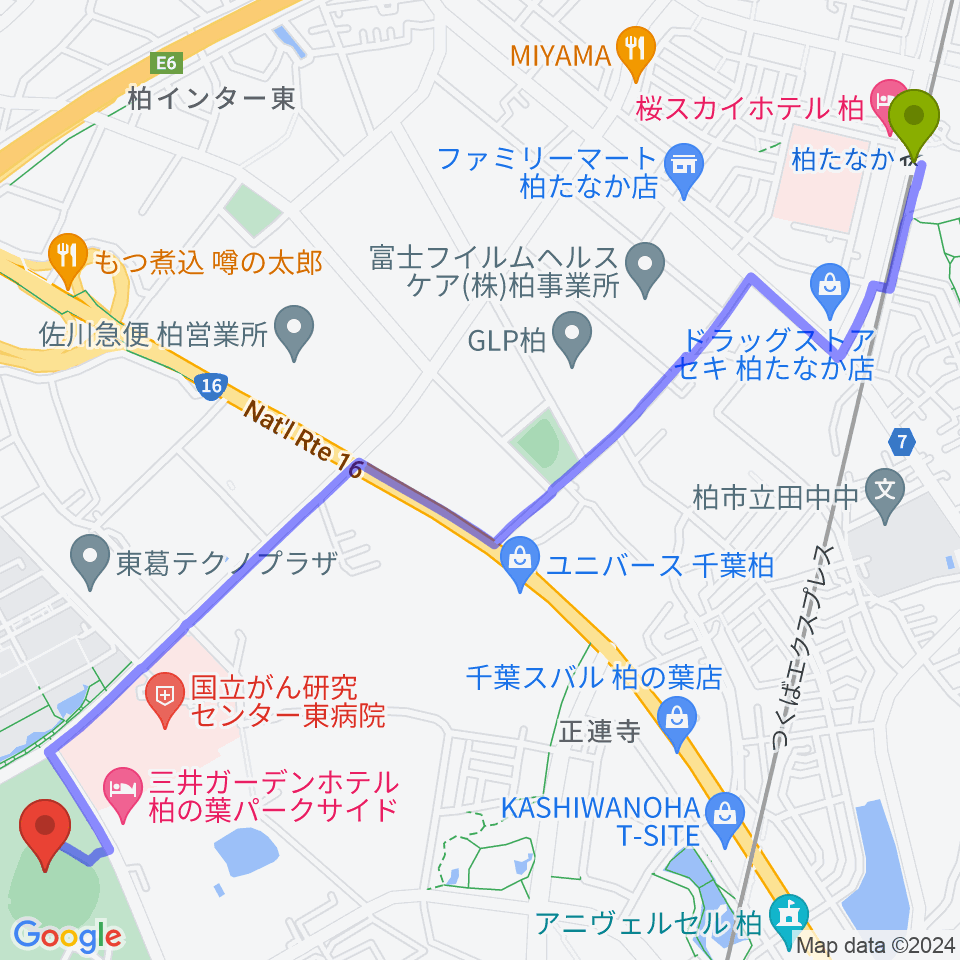 柏たなか駅から県立柏の葉公園野球場へのルートマップ地図